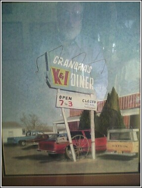 The ghostly image in the background isn't Travis, the mysterious customer for whom the K&I Diner's most famous entree is named.  It's Bill Resnik, the artist who painted this masterpiece displayed in the front dining room of the K&I.