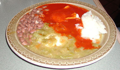 The huevos rancheros served Christmas style with red and green chile.