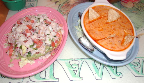 Tostada de ceviche and queso fundido con chorizo.