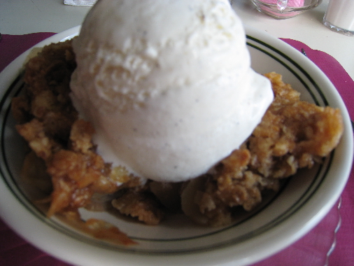 Hot apple crisp with cold vanilla ice cream