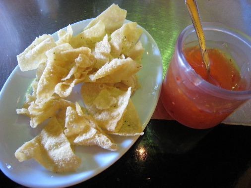 Wonton chips and sweet-and-sour sauce