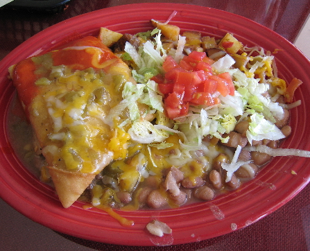 Stuffed sopaipilla with red and green chile