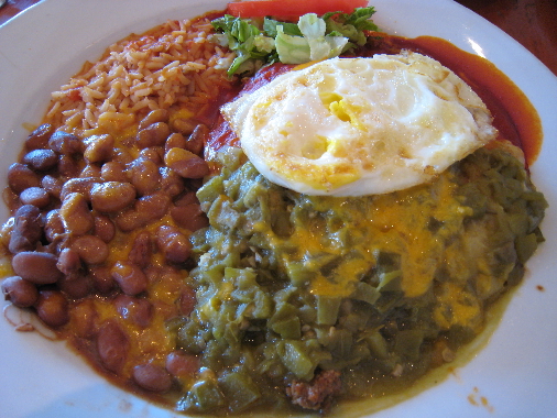 Enchiladas served Christmas style.