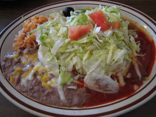 Beneath all that garnish are some pretty wonderful enchiladas