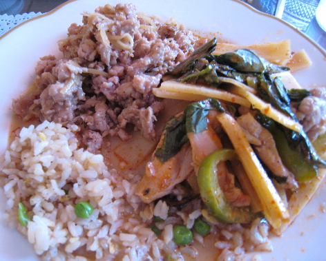 More treasures from the buffet: chicken larb, red curry and rice