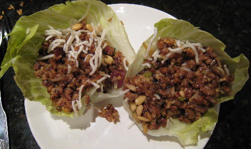 Savory minced squab and pork tenderloin lettuce cups
