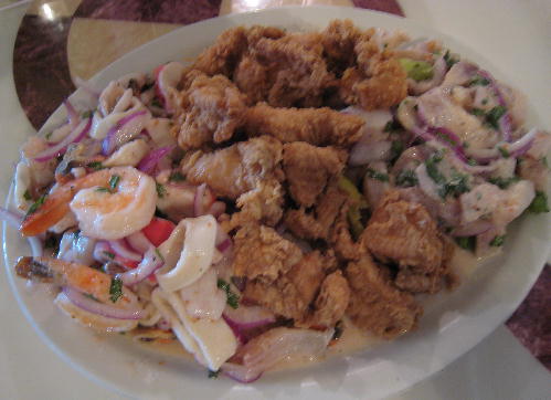 chicharonnes de pollo, ceviche de pesdado and ceviche de mariscos