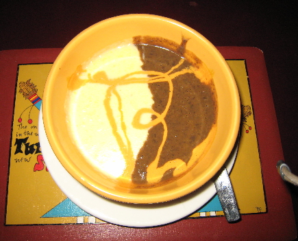 Cream of corn and smooth black bean soup